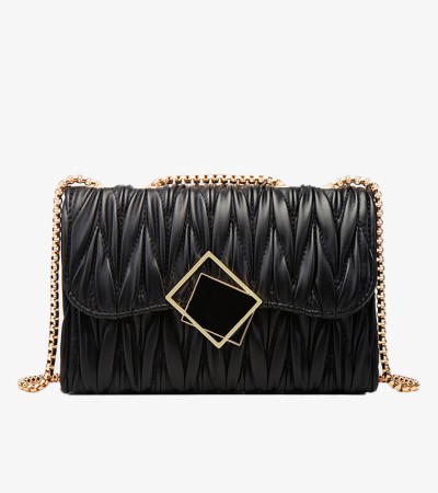 Fashion square buckle pleated bag One shoulder oblique span small square bag - Black