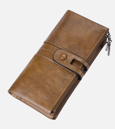 Women's leather RFID wallet Long zipper buckle wallet Retro men's hand mobile coin wallet